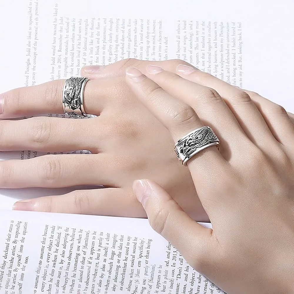 Dragon Rings, Vintage 925 Sterling Silver Feng Shui Ring, Health Wealth Protection Punk Dragon Rings for Men Women, Neo Chinese Style Lucky Amulet, Cool Biker Ring