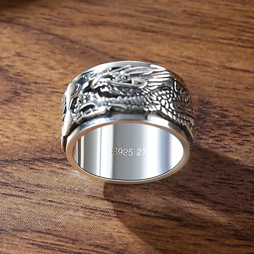 Dragon Rings, Vintage 925 Sterling Silver Feng Shui Ring, Health Wealth Protection Punk Dragon Rings for Men Women, Neo Chinese Style Lucky Amulet, Cool Biker Ring