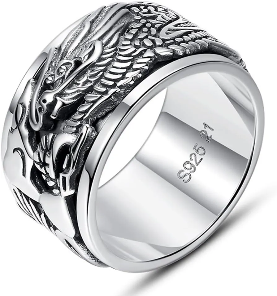 Dragon Rings, Vintage 925 Sterling Silver Feng Shui Ring, Health Wealth Protection Punk Dragon Rings for Men Women, Neo Chinese Style Lucky Amulet, Cool Biker Ring