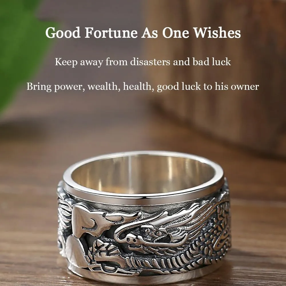 Dragon Rings, Vintage 925 Sterling Silver Feng Shui Ring, Health Wealth Protection Punk Dragon Rings for Men Women, Neo Chinese Style Lucky Amulet, Cool Biker Ring