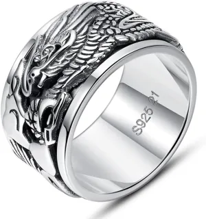 Dragon Rings, Vintage 925 Sterling Silver Feng Shui Ring, Health Wealth Protection Punk Dragon Rings for Men Women, Neo Chinese Style Lucky Amulet, Cool Biker Ring