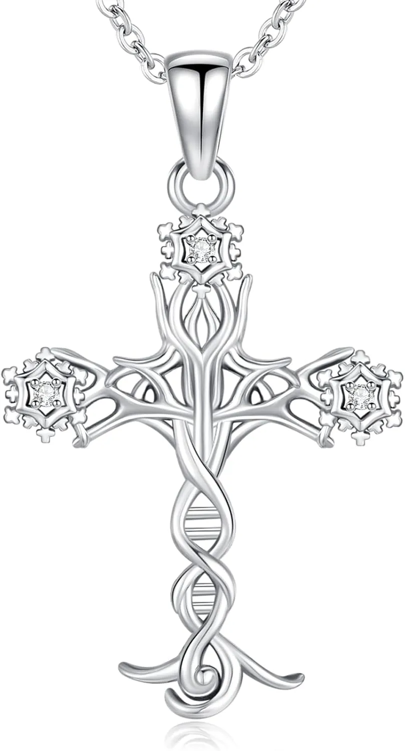 Dreamboat Dna Necklace Cross Necklace for Women 925 Sterling Silver Snowflake Cross Pendant Necklace Unique Necklaces Religious Jewelry Gifts
