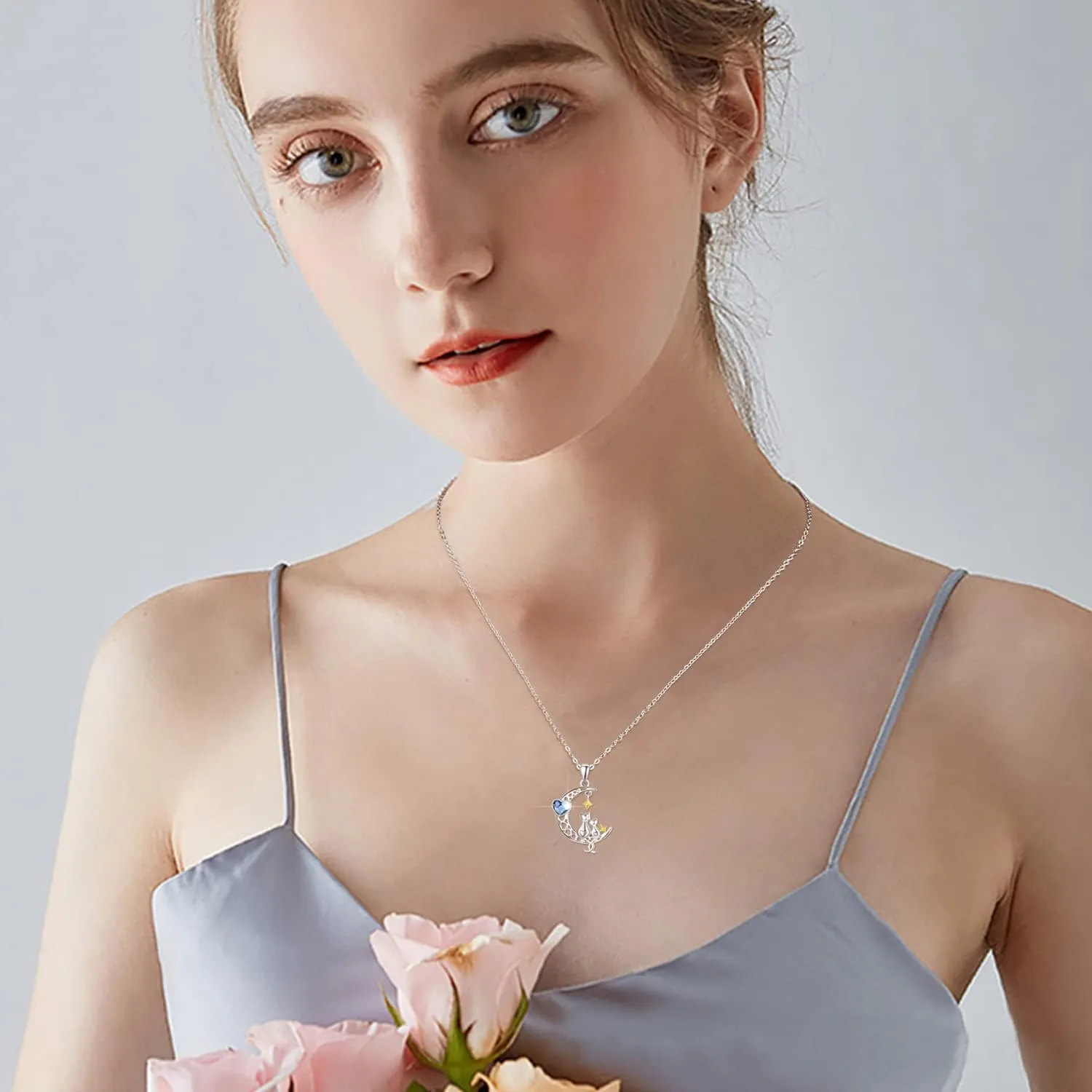 Dreamboat Sterling Silver Cat Moon Necklace Cat Necklace for Women Kitten Necklace Cat Pendant Cresecent Moon Necklace Cute Animals Necklace Jewelry Gifts
