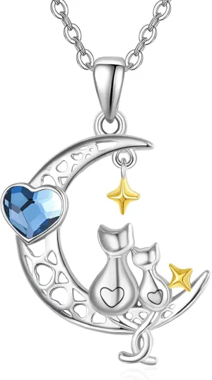 Dreamboat Sterling Silver Cat Moon Necklace Cat Necklace for Women Kitten Necklace Cat Pendant Cresecent Moon Necklace Cute Animals Necklace Jewelry Gifts