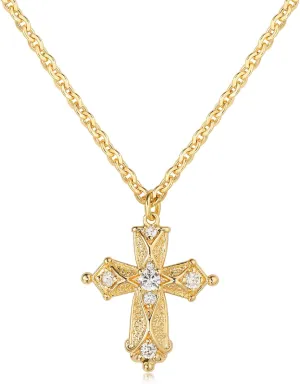 Dremmy Studios Womens Cross Necklace 14K Gold Plated Cubic Zirconia Charm Chain Choker Pendant Necklaces | Cross Faith Jewelry Religious Gifts For Women