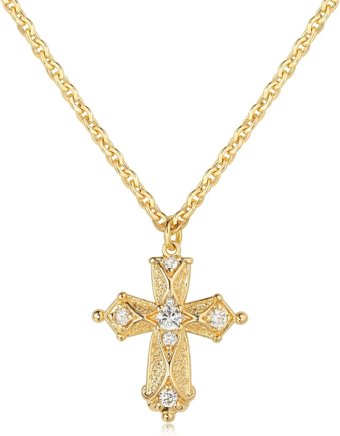 Dremmy Studios Womens Cross Necklace 14K Gold Plated Cubic Zirconia Charm Chain Choker Pendant Necklaces | Cross Faith Jewelry Religious Gifts For Women