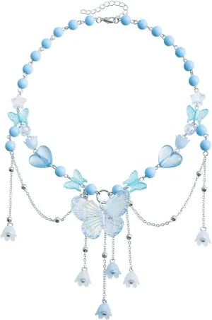 Dreuyet Bohemian Butterfly Tassel Necklace for Women Dainty Resin Y2K Heart Butterfly Choker Charm Crystal Beaded Pendant Necklace Summer Seaside Jewellery
