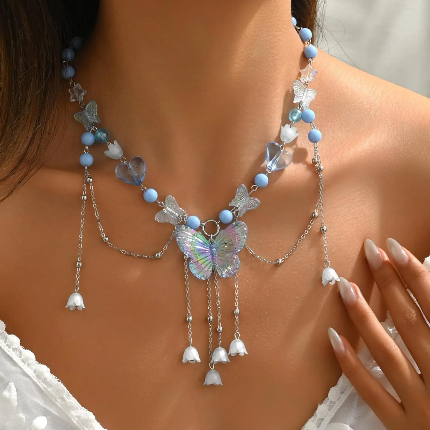Dreuyet Bohemian Butterfly Tassel Necklace for Women Dainty Resin Y2K Heart Butterfly Choker Charm Crystal Beaded Pendant Necklace Summer Seaside Jewellery