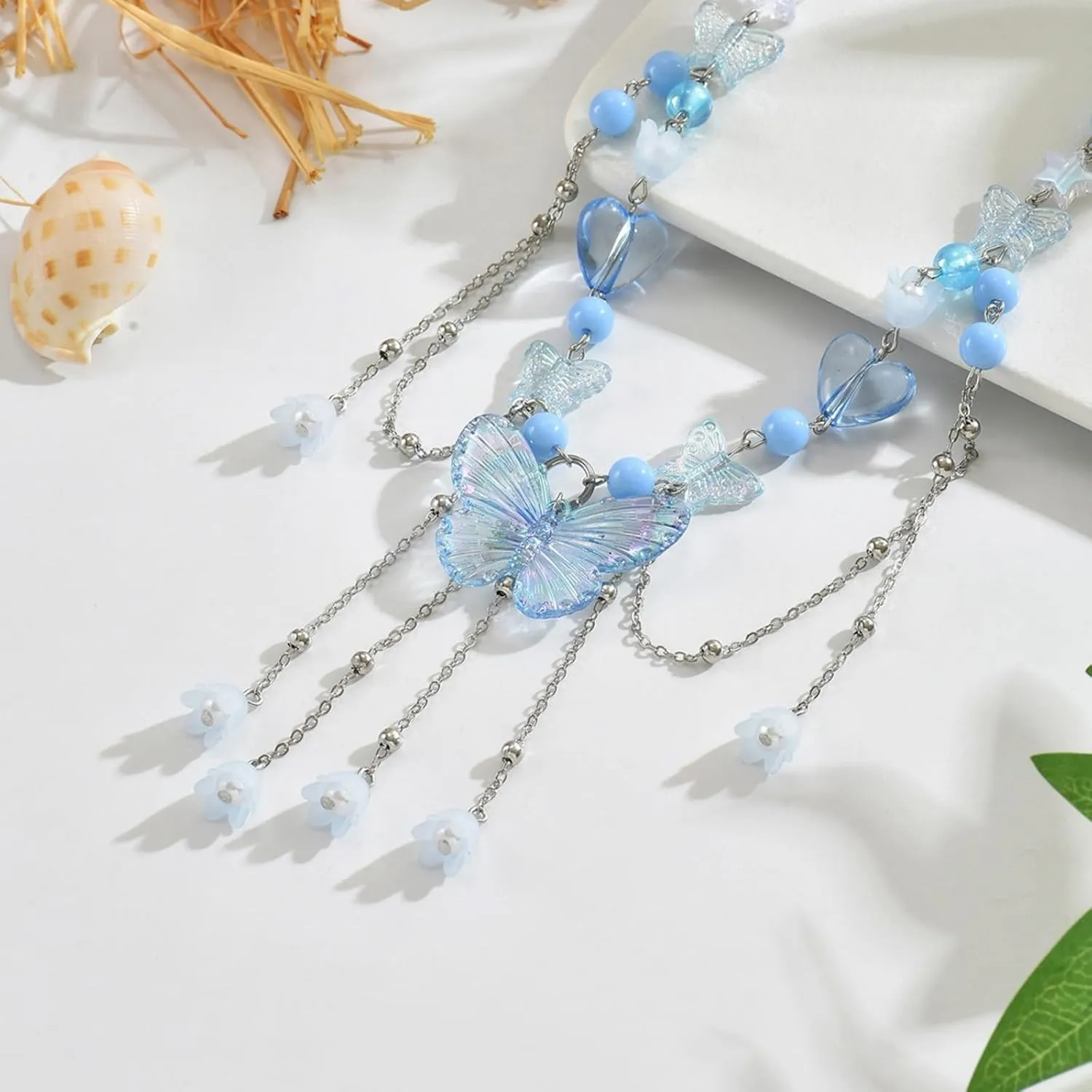 Dreuyet Bohemian Butterfly Tassel Necklace for Women Dainty Resin Y2K Heart Butterfly Choker Charm Crystal Beaded Pendant Necklace Summer Seaside Jewellery
