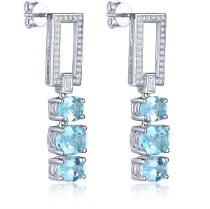 Drop Earrings for Women S925 Sterling Silver Setting Natural Gemstone Sky Blue Topaz Birthstone Earring Cubic Zirconia Rhodium Plated Rectangle Elegant Fine Jewelry