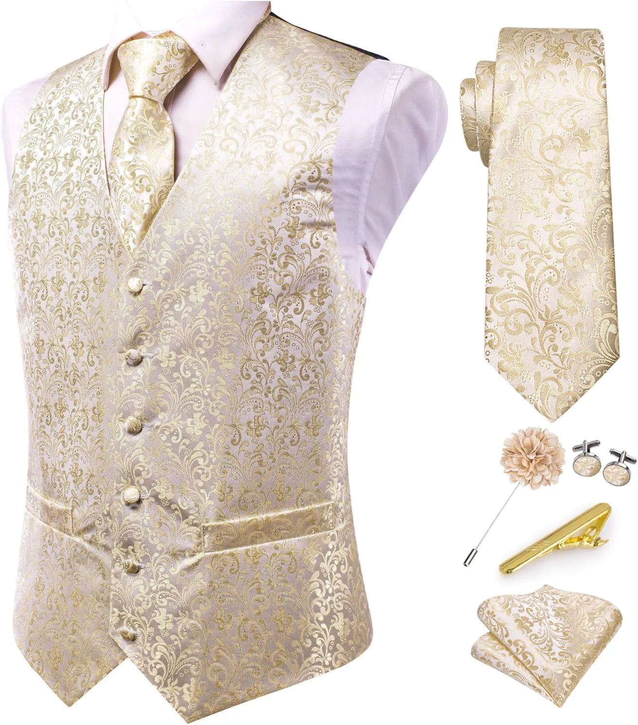 Dubulle Mens Vest and Tie Set Paisley Floral Waistcoat Neckties for Men Lapel Pin Clip Set Wedding Business