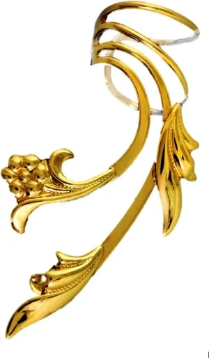 Ear Charms Delicate Leaf and Flower Long Wave Ear Cuff Non-pierced Earring Wrap Single Left Gold on Silver