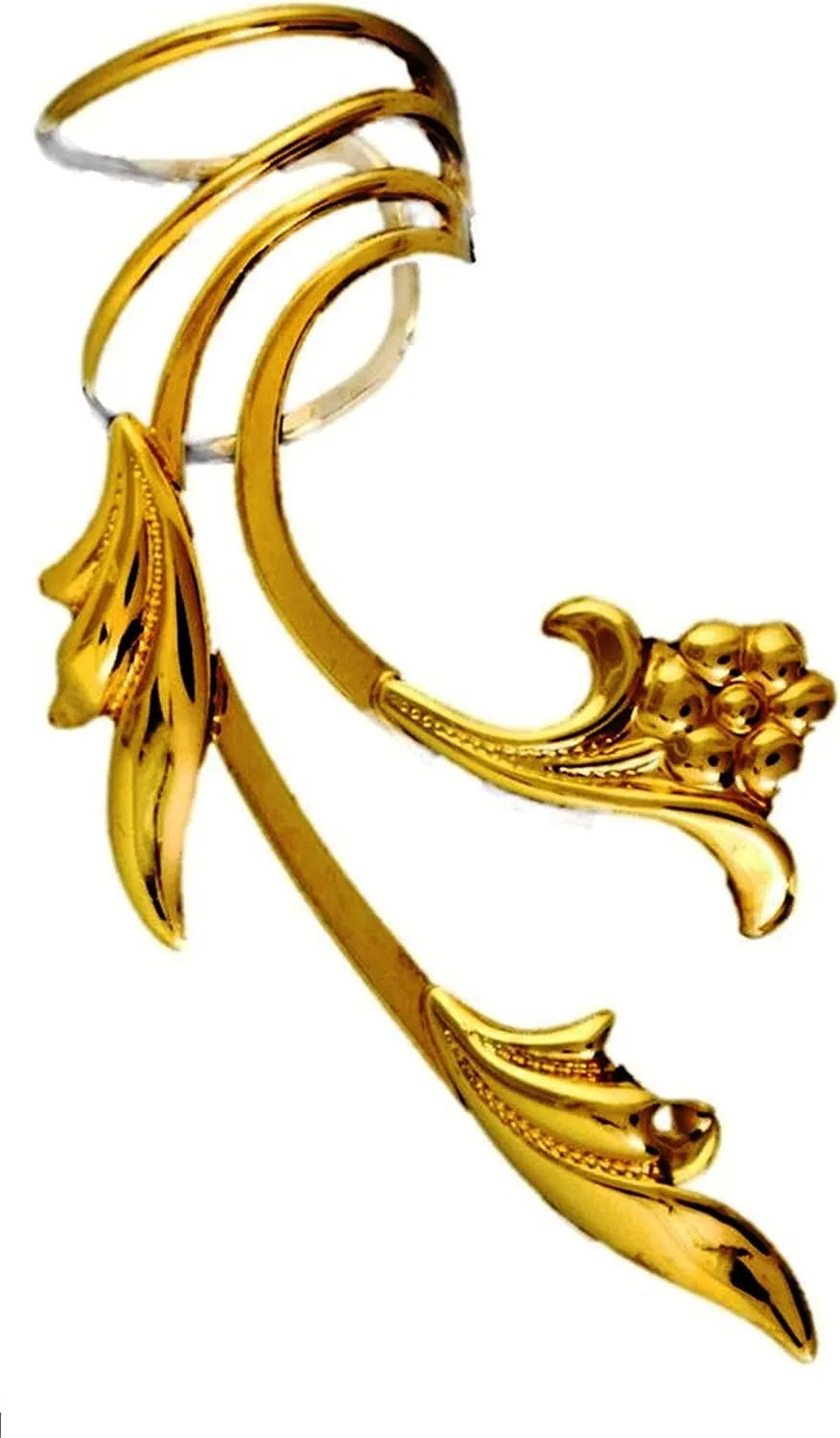 Ear Charms Delicate Leaf and Flower Long Wave Ear Cuff Non Pierced Earring Wrap Single Right Gold on Silver