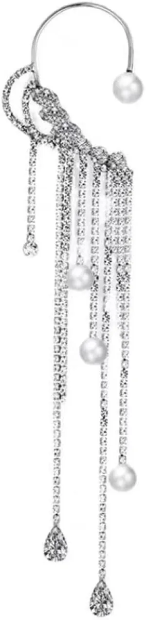 Ear Cuff Earrings for Women Non-piercing Pearl Tassel Zircon Rhinestone Chain Drangle Dainty Aesthetic Elegant Ear Wrap Crawler Climber Clip on Drop Earrings