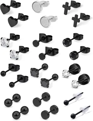 Earrings for women Studs Set, Earrings For Men Round Square Cubic Zirconia Stud Earrings, Elegant Earrings for Wedding, Hypoallergenic Fashion Jewelry 12Pairs