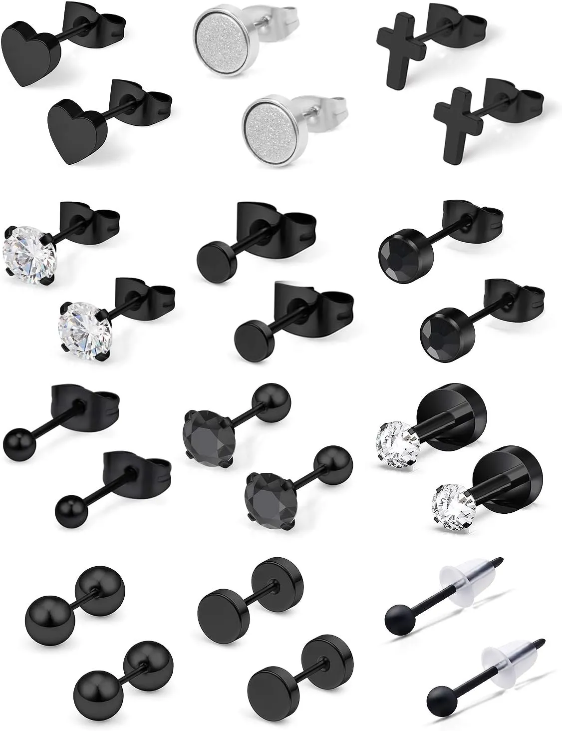Earrings for women Studs Set, Earrings For Men Round Square Cubic Zirconia Stud Earrings, Elegant Earrings for Wedding, Hypoallergenic Fashion Jewelry 12Pairs