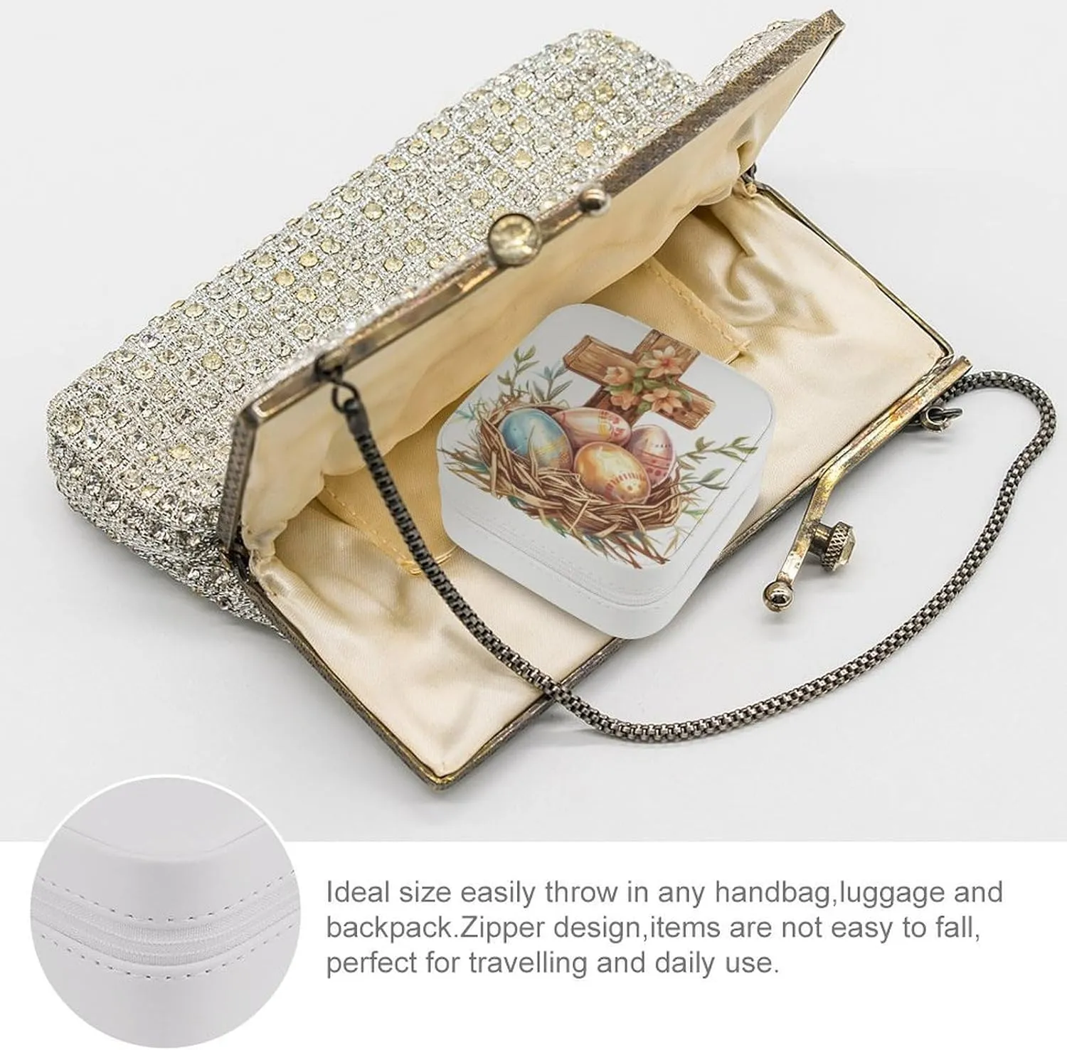 Easter Cross Travel Jewelry Case,easter Eggs Small Jewelry Box Jewelry Organizer Portable PU Leather Mini Jewelry Case for Girls Womens Earring Necklace Rings Bracelet