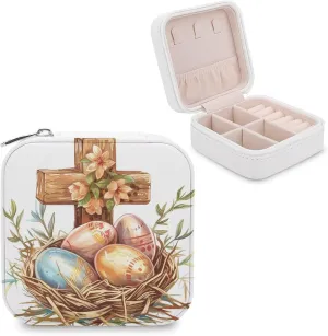 Easter Cross Travel Jewelry Case,easter Eggs Small Jewelry Box Jewelry Organizer Portable PU Leather Mini Jewelry Case for Girls Womens Earring Necklace Rings Bracelet