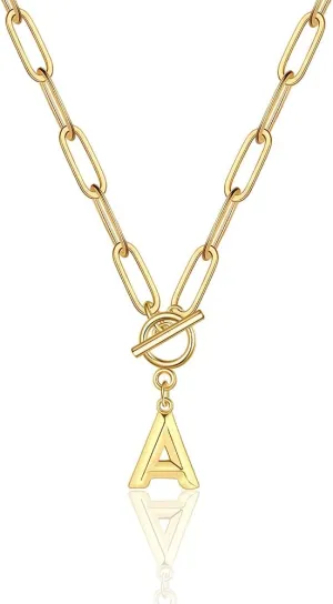 Eben-Ezer Toggle Clasp Capital A-Z Initial Necklace for Women Hiphop Plated Brass Alphabet Pendant Necklaces Thick Chain OT Buckle Necklace(P)