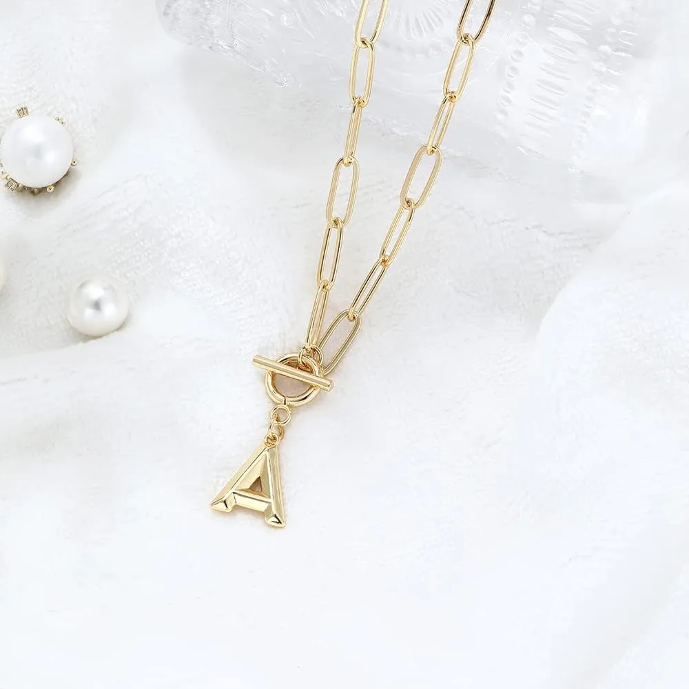 Eben-Ezer Toggle Clasp Capital A-Z Initial Necklace for Women Hiphop Plated Brass Alphabet Pendant Necklaces Thick Chain OT Buckle Necklace(P)