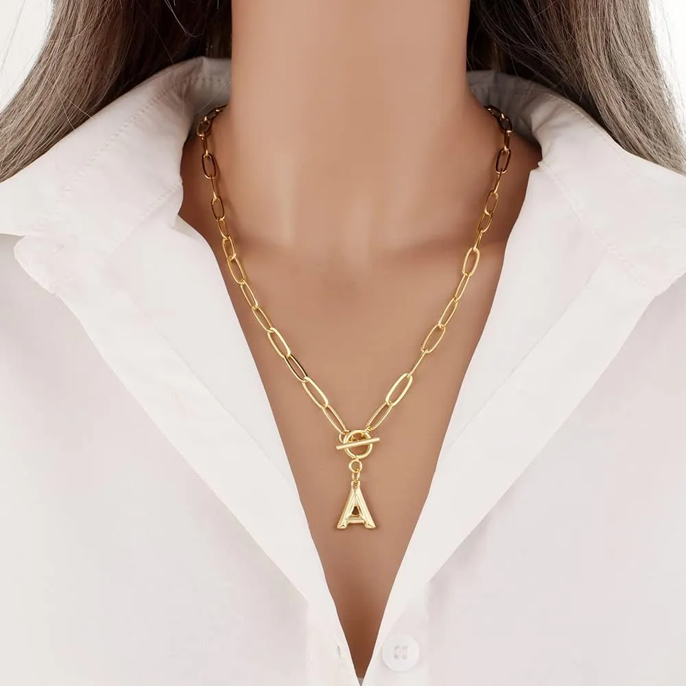 Eben-Ezer Toggle Clasp Capital A-Z Initial Necklace for Women Hiphop Plated Brass Alphabet Pendant Necklaces Thick Chain OT Buckle Necklace(P)