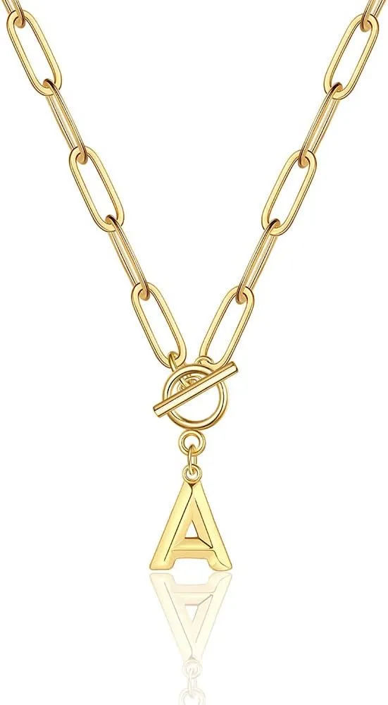 Eben-Ezer Toggle Clasp Capital A-Z Initial Necklace for Women Hiphop Plated Brass Alphabet Pendant Necklaces Thick Chain OT Buckle Necklace(P)