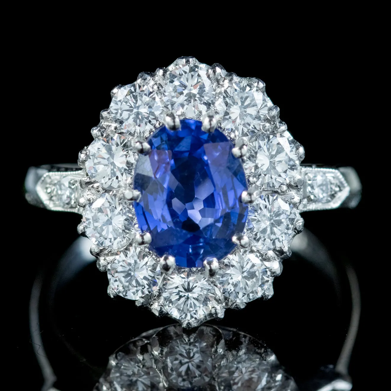 Edwardian Style Sapphire Diamond Cluster Ring 1.70ct Sapphire