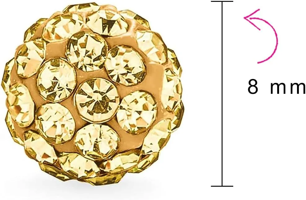 Elegant .925 Sterling Silver Round 8MM Glittering Pave Crystal Disco Ball Stud Earrings for Women Teens in Many Colors