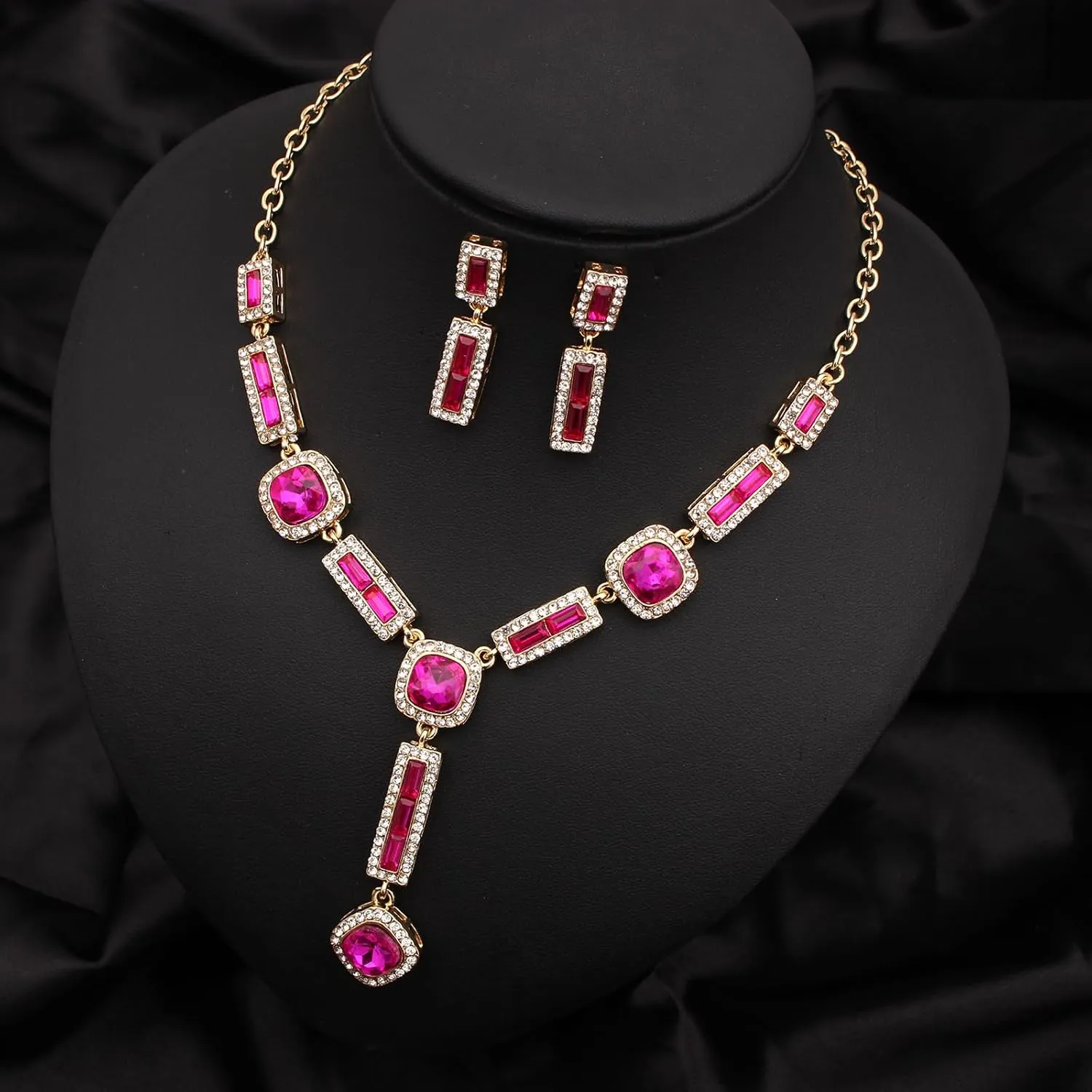 Elegant Austrian Crystal Pendant Necklace Drop Earrings Set for Women Bridal Wedding Prom Costume Jewelry Sets for Brides Bridesmaid