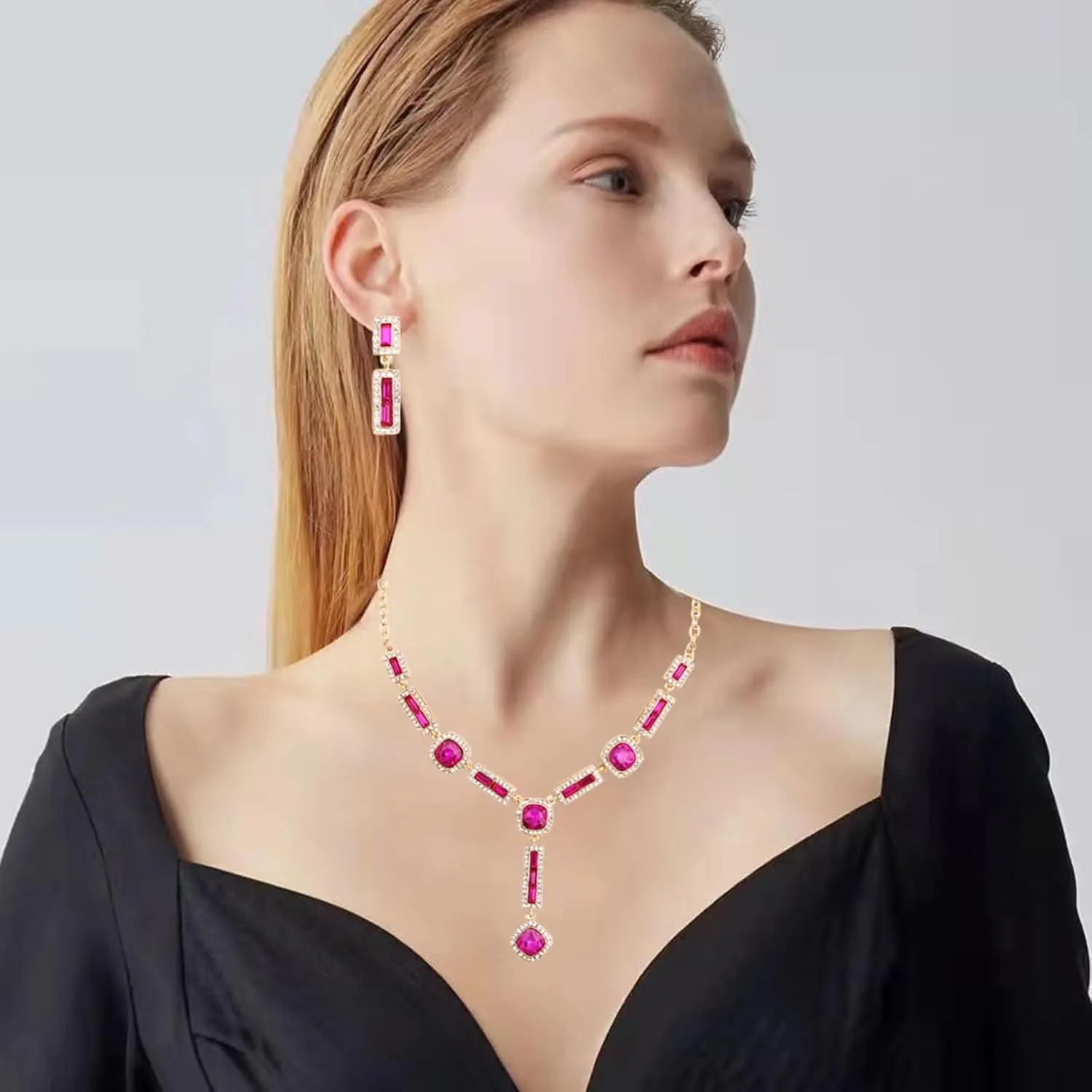 Elegant Austrian Crystal Pendant Necklace Drop Earrings Set for Women Bridal Wedding Prom Costume Jewelry Sets for Brides Bridesmaid