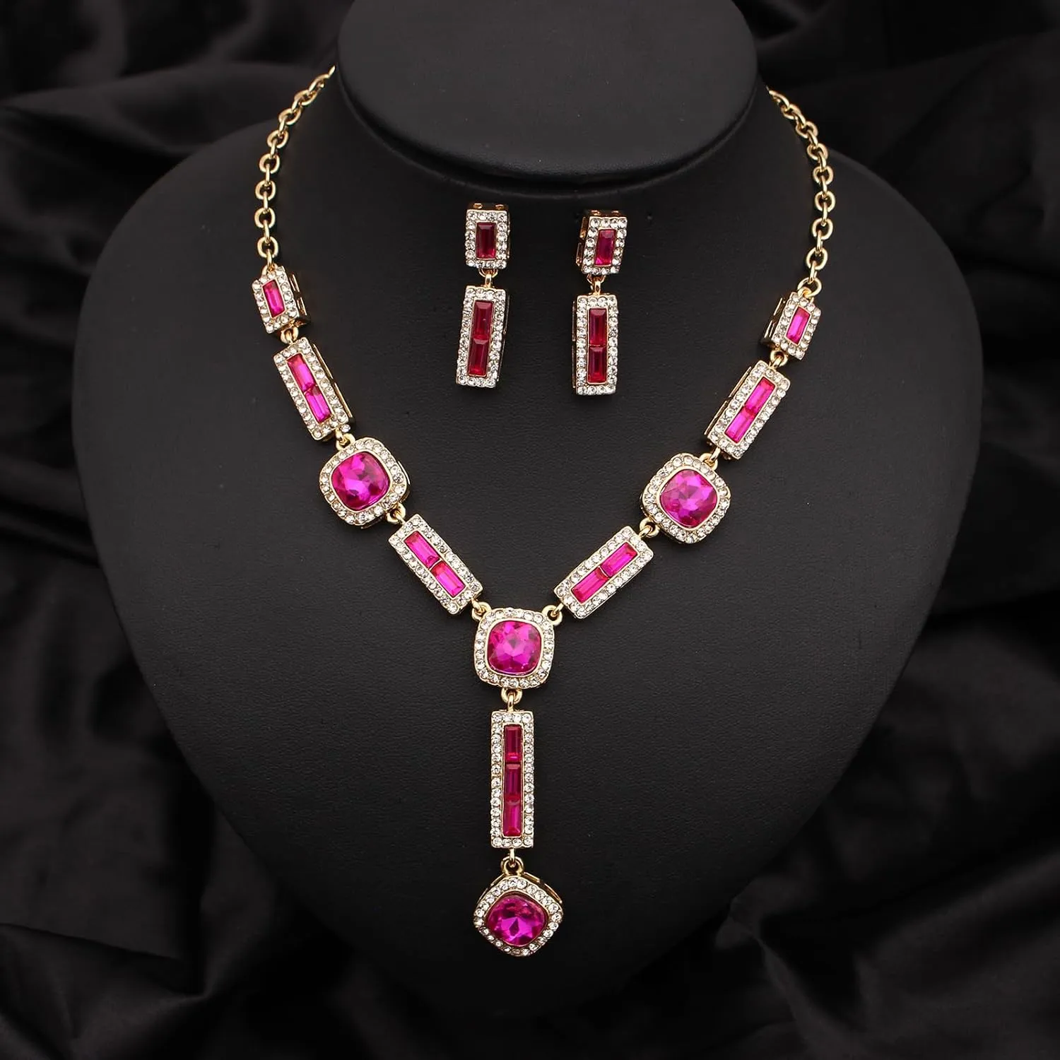 Elegant Austrian Crystal Pendant Necklace Drop Earrings Set for Women Bridal Wedding Prom Costume Jewelry Sets for Brides Bridesmaid