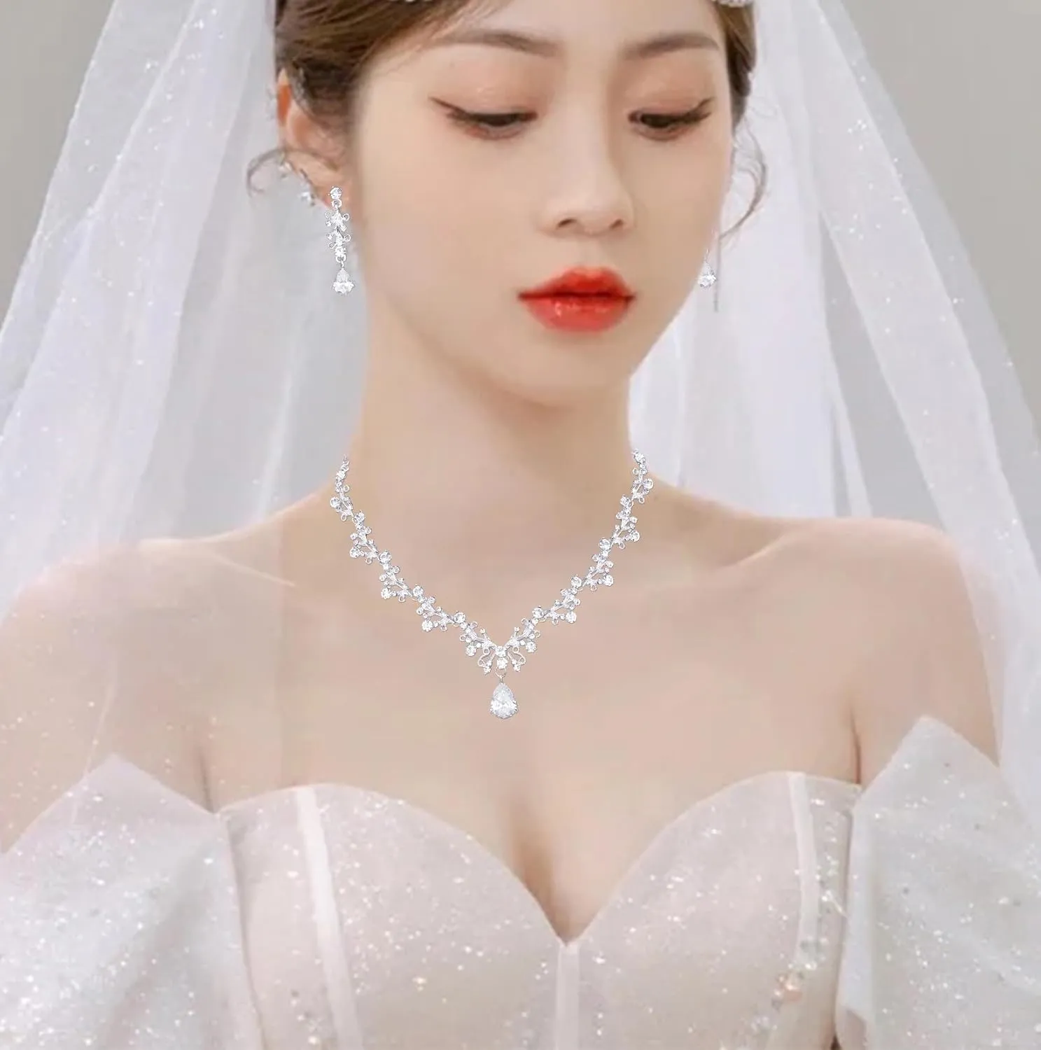 Elegant Bridal Crystal Necklace Earrings Bracelet Set Wedding Jewelry Sets Choker Necklace Prom Formal Costume Accessories for Bride Bridemaids Women