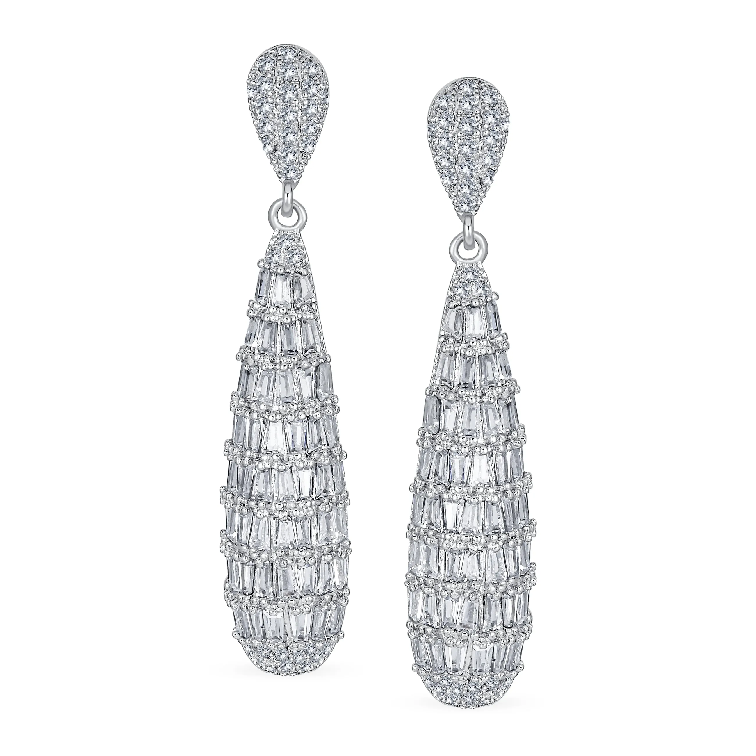 Elegant Bridal CZ Dangle Chandelier Earrings Art Deco Teardrop Silver Plated