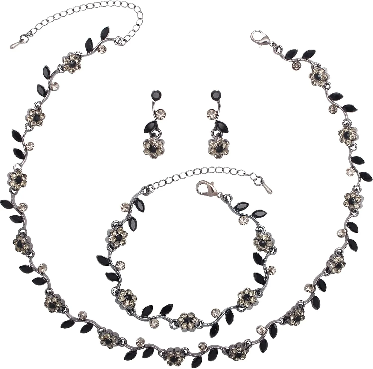 Elegant Bridal Wedding Austrian Crystal Flower Choker Necklace Dangle Earrings Bracelet Jewelry Set for Women Prom Party