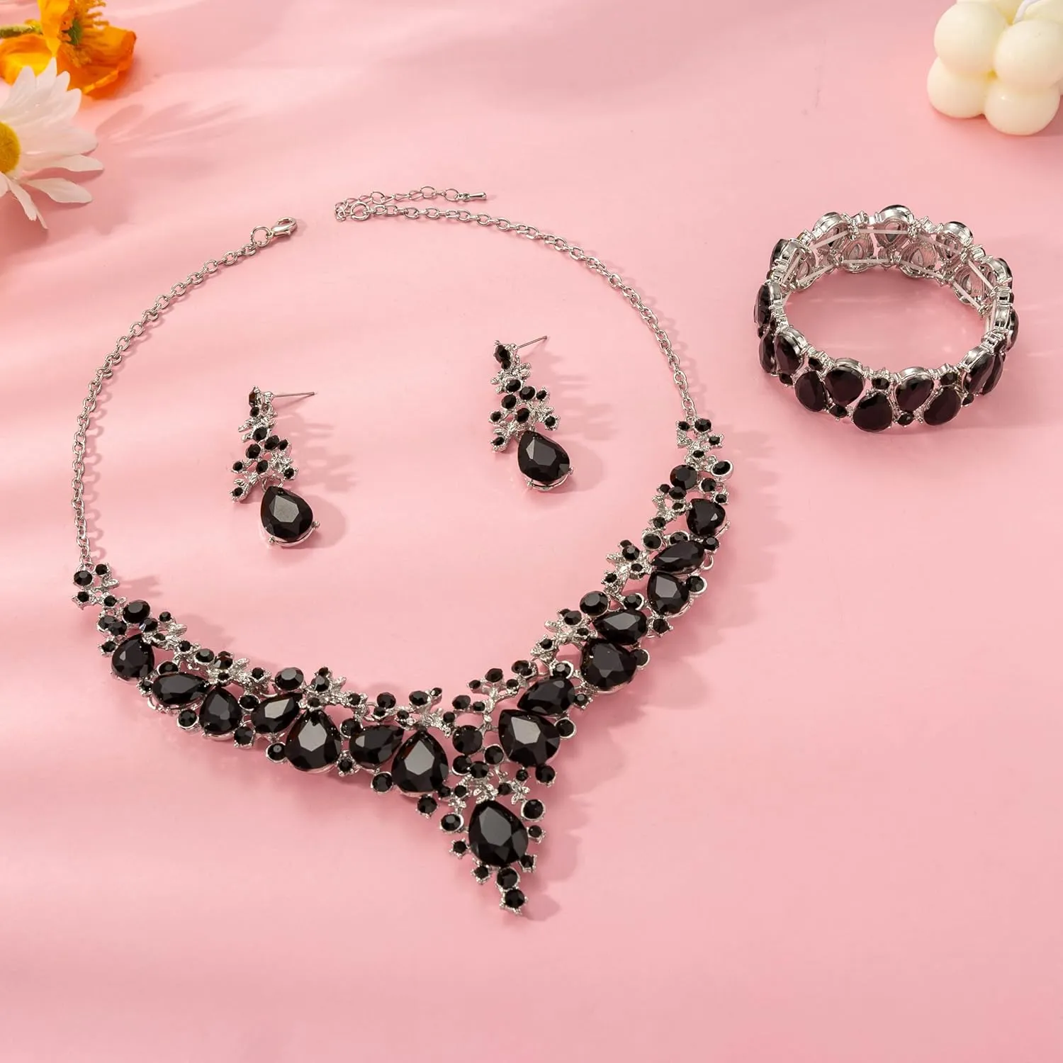 Elegant Bridal Wedding Jewelry Set for Women/Brides/Bridesmaids Teardrop Crystal Leaf Cluster Jewelry Set for Wedding Prom Party Bridal Bridesmaids Rhinestone Crystal Necklace Earrings Bracelet Set