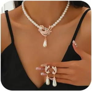 Elegant Brides Pearl Choker Necklace Pearl Drop Dangle Earrings Crystal Rhinestone Choker Wedding Jewelry Set for Brides Bridesmaid