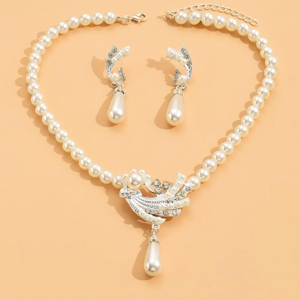 Elegant Brides Pearl Choker Necklace Pearl Drop Dangle Earrings Crystal Rhinestone Choker Wedding Jewelry Set for Brides Bridesmaid