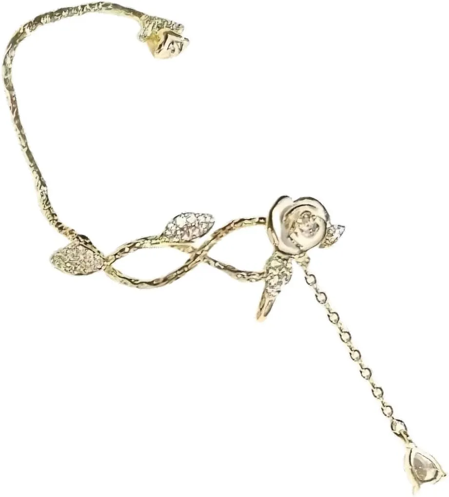 Elegant Camellias and Tassels Ear Cuff Sparkling Zircon Flower Clip on Earring Accessory for Women Fashion Jewelry