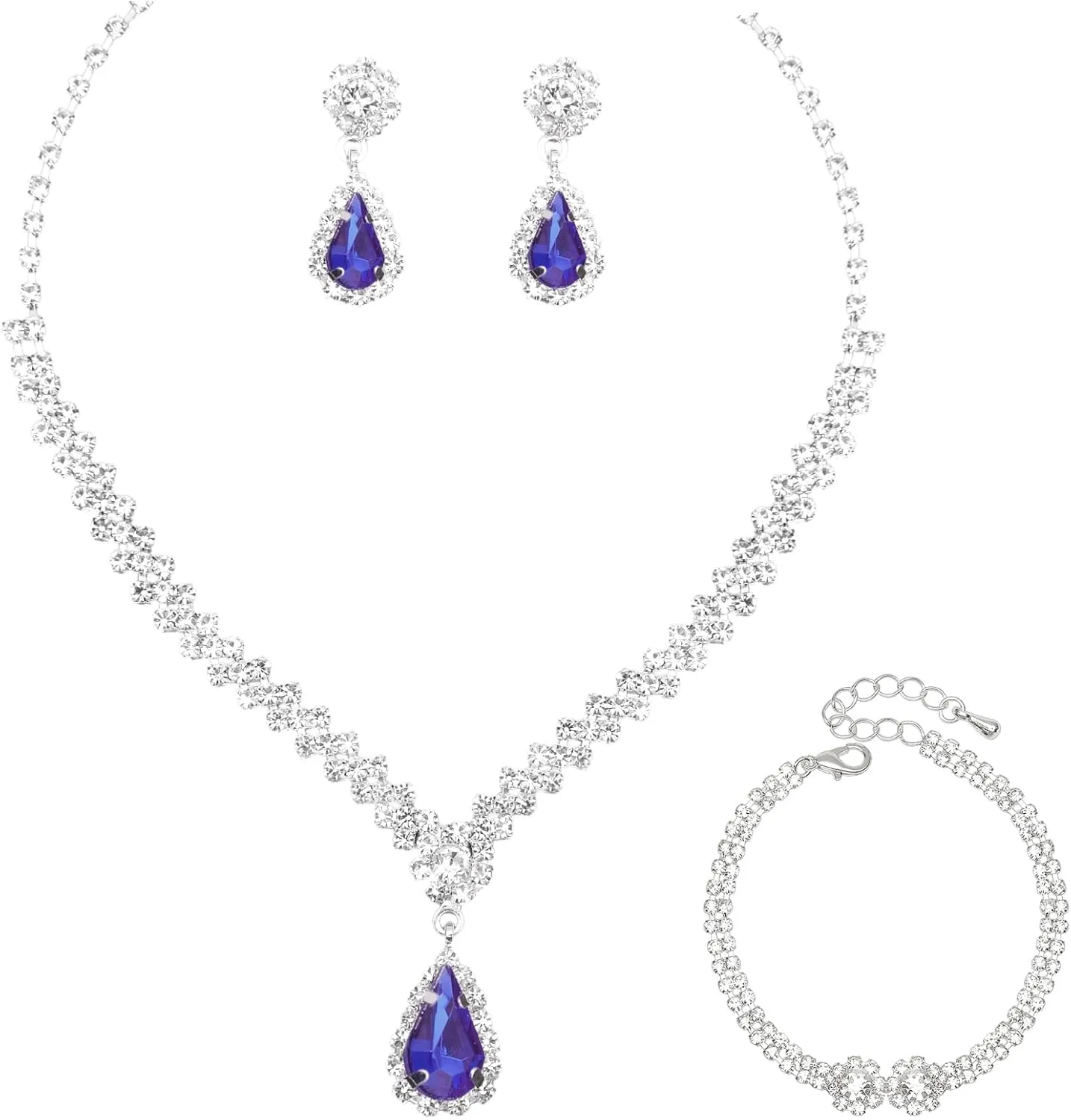 Elegant Crystal Necklace Earrings Bracelets Set Silver Bridal Wedding Jewelry Sets Bride Bridesmaids Prom Formal Costume Accessories for Women