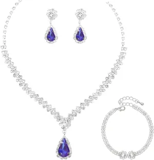 Elegant Crystal Necklace Earrings Bracelets Set Silver Bridal Wedding Jewelry Sets Bride Bridesmaids Prom Formal Costume Accessories for Women