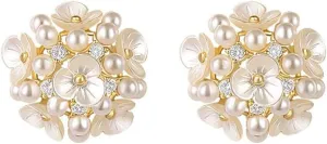 Elegant Flower Pearl Stud Earrings for Mother Sterling Silver Pins Cubic Zirconia Crystal Little Flower Wedding Earrings Studs Jewelry Gifts for Mom Women