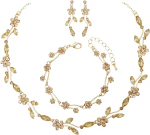 Elegant Leafy Type Wedding Necklace Earrings Bracelet Jewelry Sets For Women Brides Bridal Floral Cluster Prom Party Costume Accessory