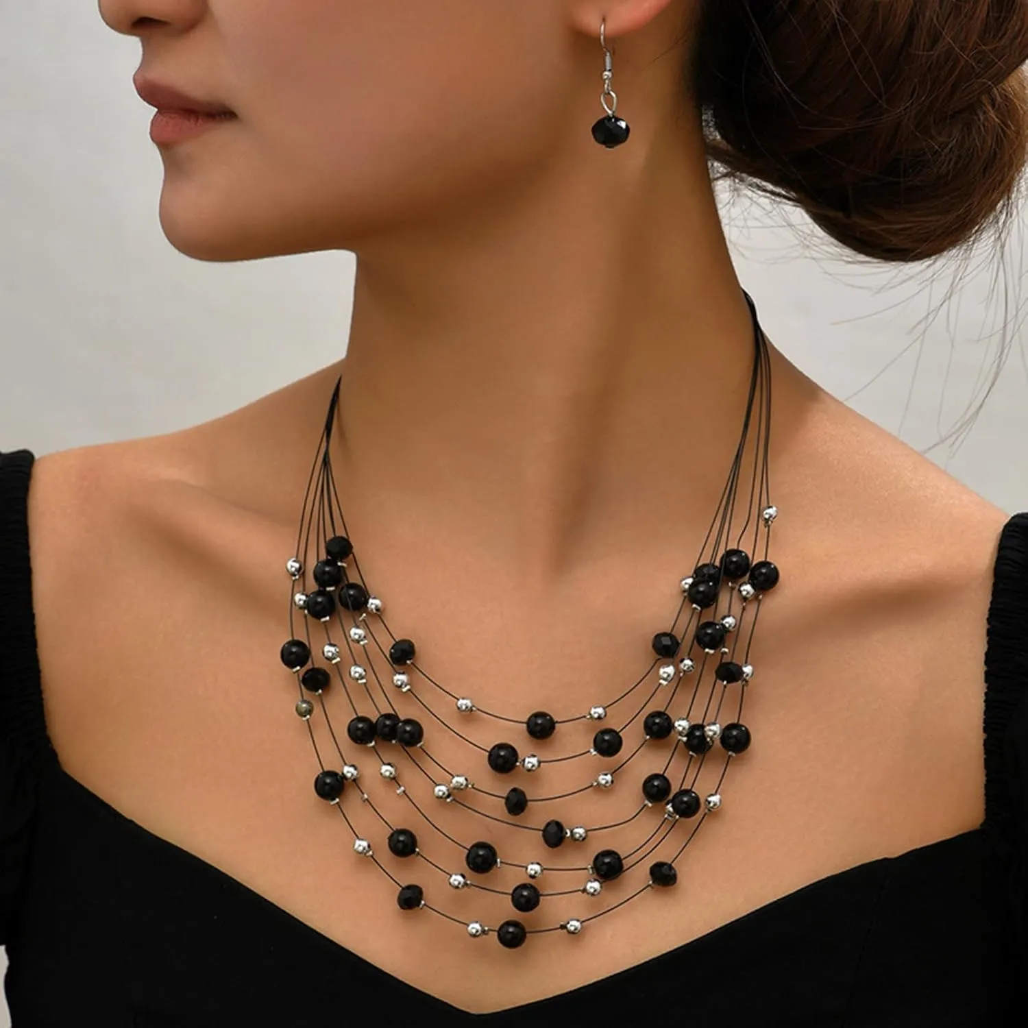 Elegant Multi Color Beaded Jewelry Set Festive Women's Necklace and Earrings Jewelry Set with Multilayer Crystal Beads