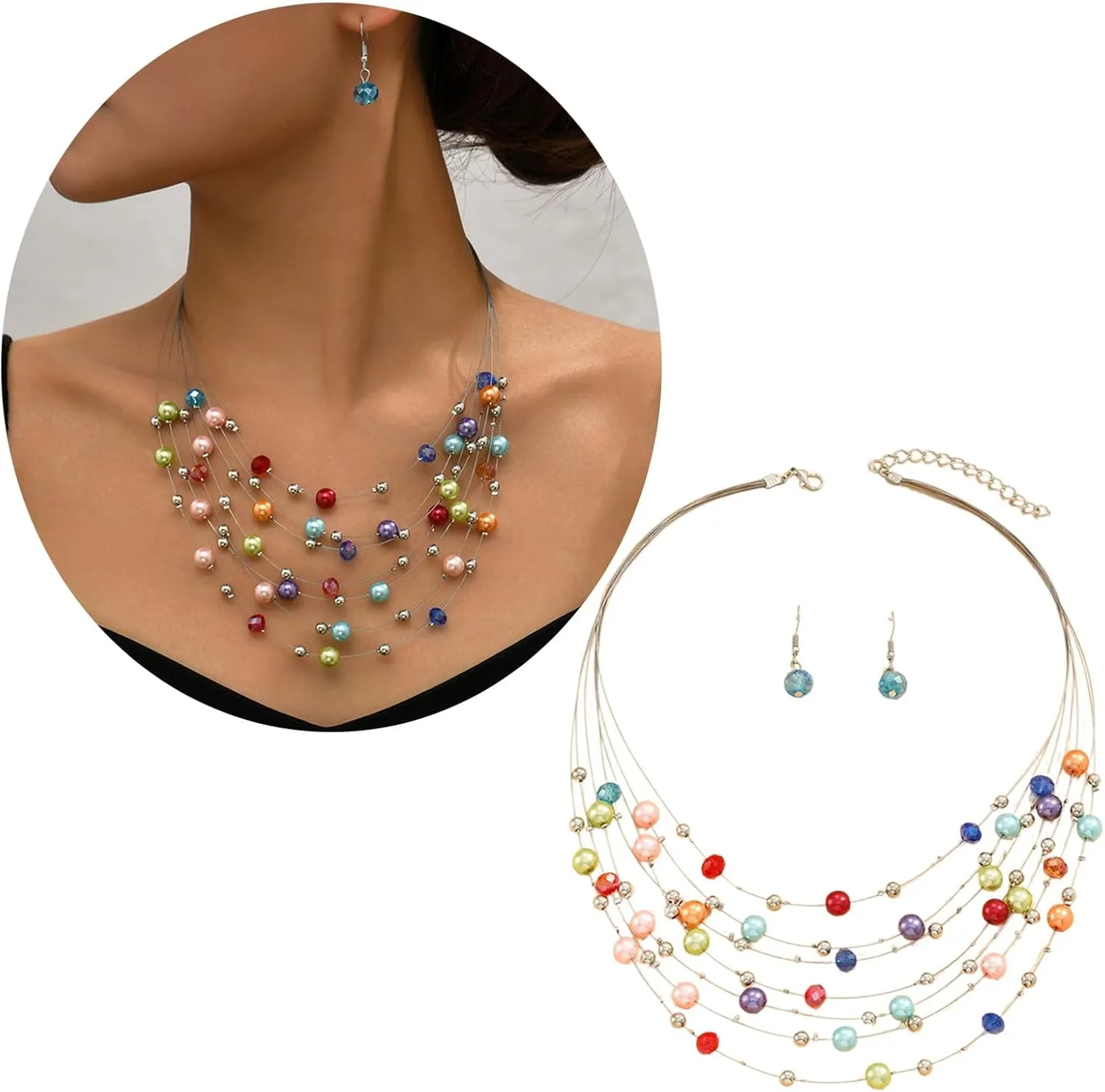 Elegant Multi Color Beaded Jewelry Set Festive Women's Necklace and Earrings Jewelry Set with Multilayer Crystal Beads