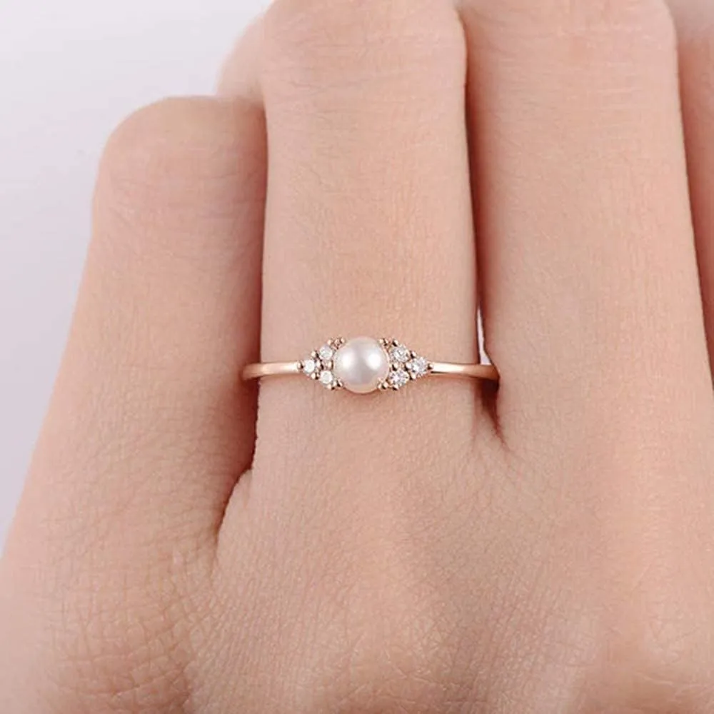 Elegant Pearl Ring 18k Rose Gold CZ Crystal Ring Fashion Engagement Wedding Jewelry