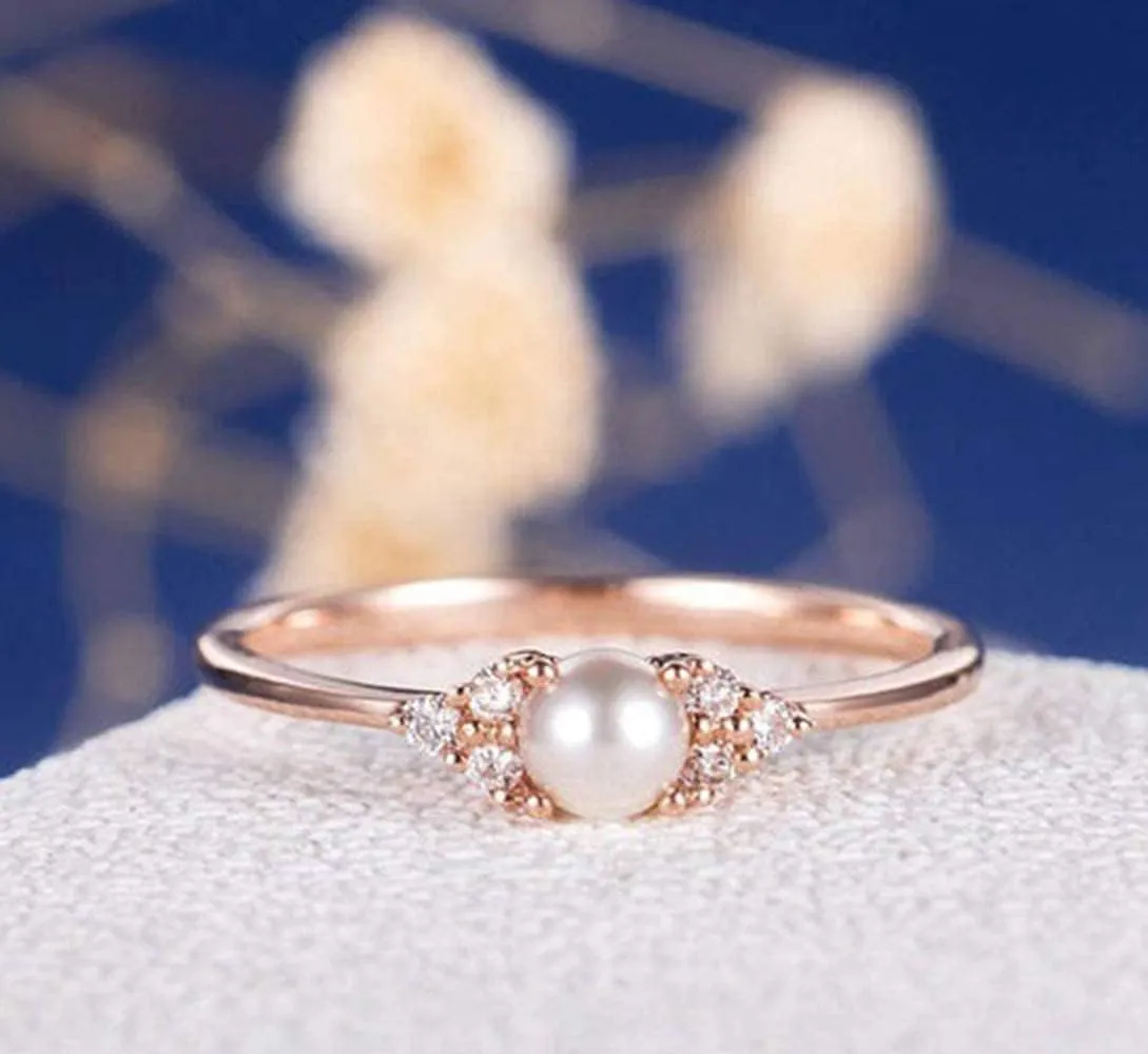 Elegant Pearl Ring 18k Rose Gold CZ Crystal Ring Fashion Engagement Wedding Jewelry