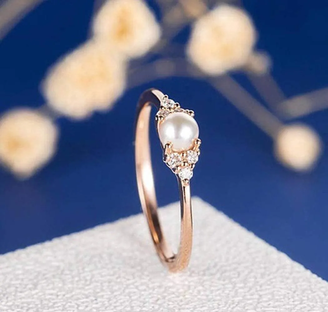 Elegant Pearl Ring 18k Rose Gold CZ Crystal Ring Fashion Engagement Wedding Jewelry