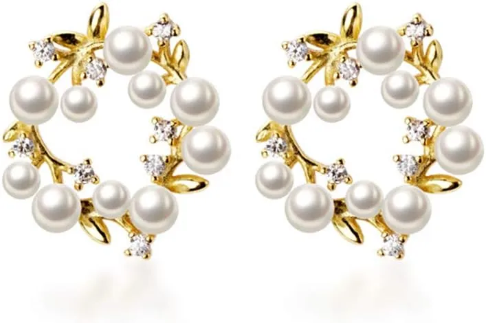 Elegant Pearl Stud Earrings S925 Sterling Silver Dainty CZ Crystal Birthstone Anadem Flower Wedding Earring Ear Piercing Leaf 18K Gold Plated Jewelry for Women Hypoallergenic