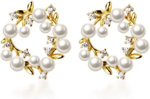 Elegant Pearl Stud Earrings S925 Sterling Silver Dainty CZ Crystal Birthstone Anadem Flower Wedding Earring Ear Piercing Leaf 18K Gold Plated Jewelry for Women Hypoallergenic