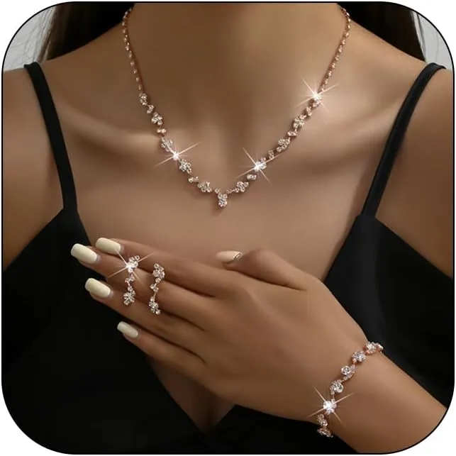 Elegant Prom Earrings Necklace Bracelet Set Wedding Jewelry Set for Women Bride Bridesmaid Crystal Necklace Earrings Bracelet Jewelry Sets for Women